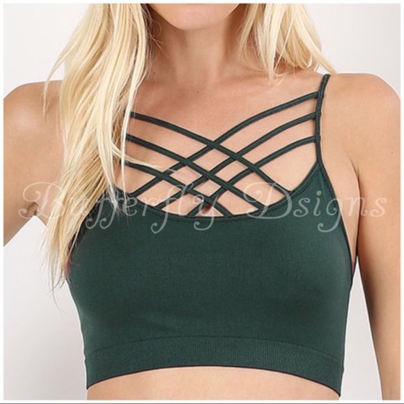 Zenana Criss Cross V Padded Bralette Dark Green EUC size small - Picture 2 of 7